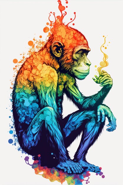 Um macaco colorido com um cigarro na boca.