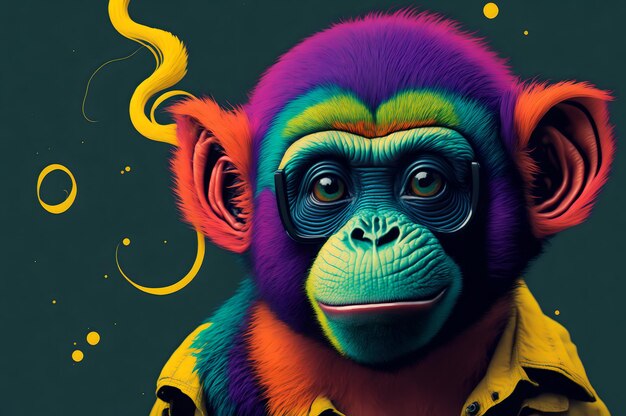 Um macaco colorido com uma camisa de arco-íris.