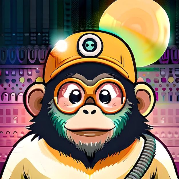 Um macaco com capacete amarelo e óculos está em frente a um prédio.