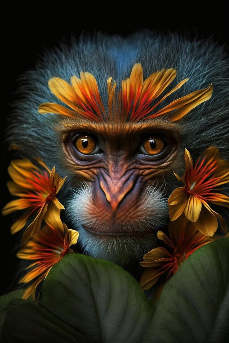 Foto um macaco com flores no rosto