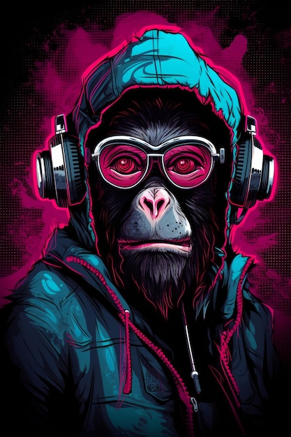 Um macaco com fones de ouvido e óculos