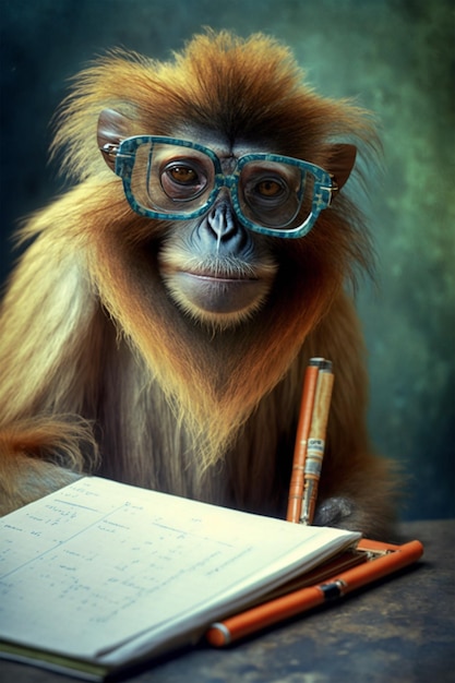 Um macaco com óculos e um lápis está escrevendo em um caderno.