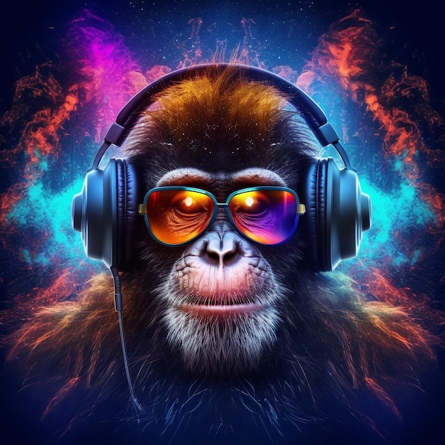 Um macaco com óculos escuros e fones de ouvido