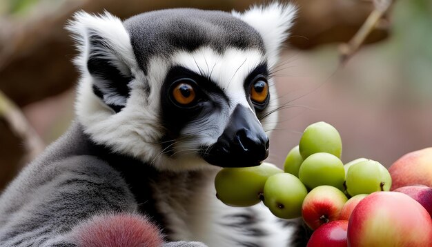 Foto um macaco com olhos laranjas e um rosto preto e branco e um monte de maçãs
