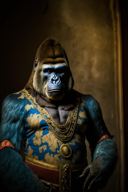 Um macaco com top azul e colar de ouro