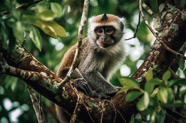 Um macaco com um moicano na cabeça senta-se em uma árvore