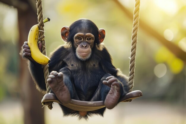 um macaco com uma banana e um balanço