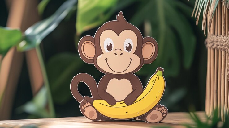 Foto um macaco com uma banana na cabeça.