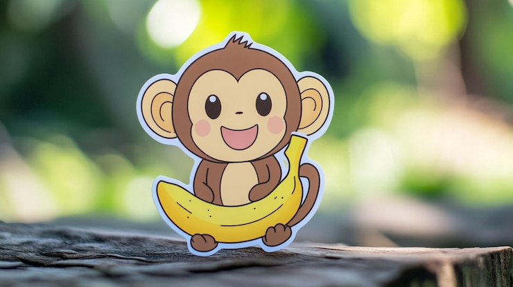 Foto um macaco com uma banana na cara está segurando uma banana