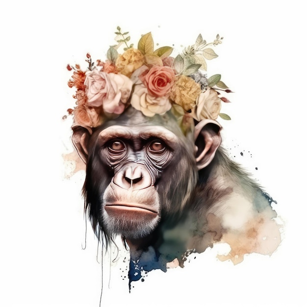 Um macaco com uma coroa de flores na cabeça