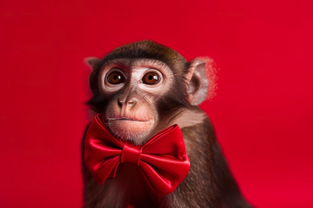 Um macaco com uma gravata borboleta vermelha está vestindo um fundo vermelho.