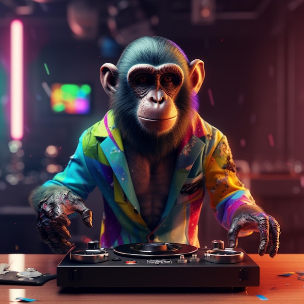 Um macaco com uma jaqueta colorida toca música com um DJ.