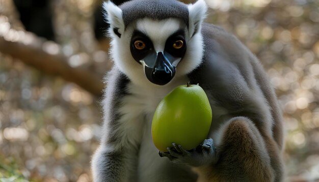 Foto um macaco com uma máscara no rosto segura uma maçã