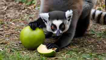 Foto um macaco comendo uma maçã com uma banana na boca