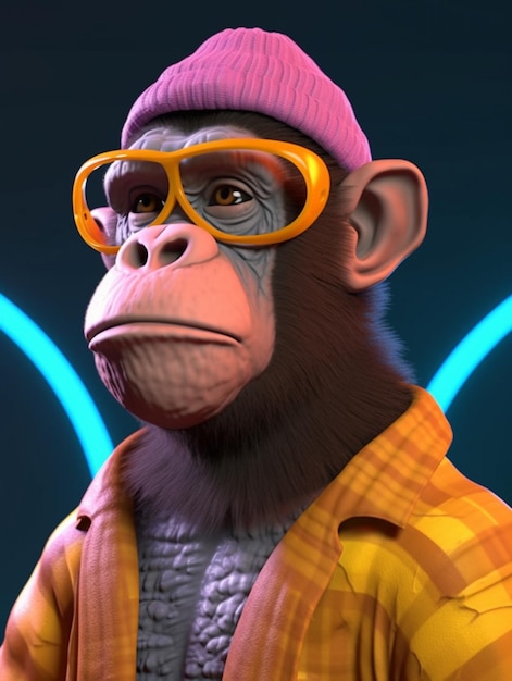 Um macaco de chapéu e óculos com uma luz neon atrás dele.