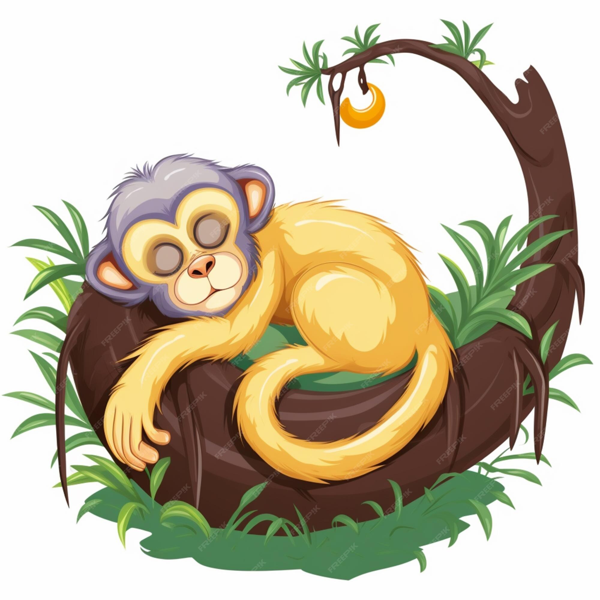 Macaco fofo dormindo na soneca na árvore isolada ilustração da