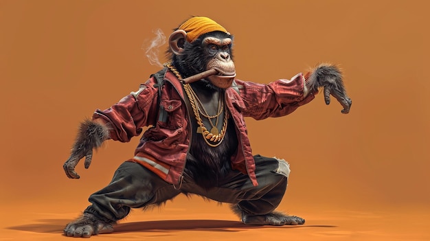 Um macaco elegante a bater e a dançar