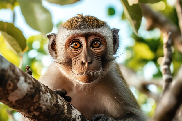 Um macaco em uma árvore olhando para a câmera