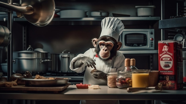 Um macaco em uma cozinha usando um chapéu de chef