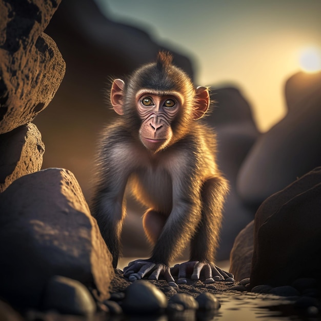 Um macaco está parado em uma caverna com o sol atrás dele.