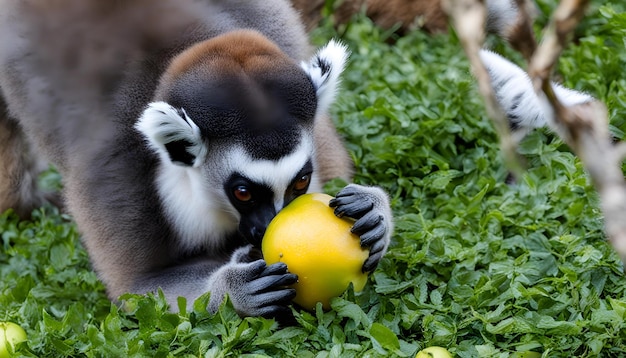 um macaco está segurando uma maçã madura em suas mãos
