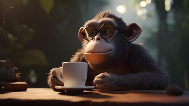 Um macaco está sentado à mesa com uma xícara de café à sua frente.