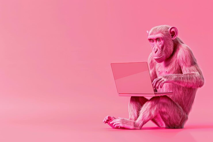 Foto um macaco está sentado em um fundo rosa e usando um laptop