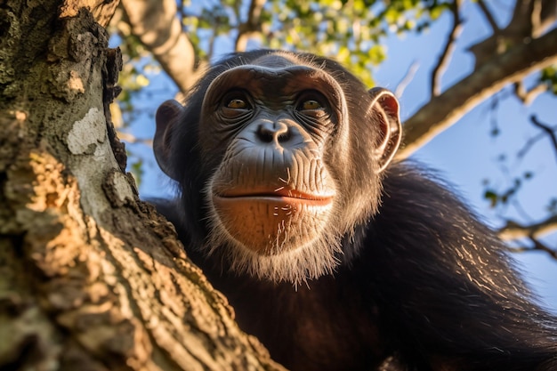 um macaco está sentado em uma árvore olhando para a câmera