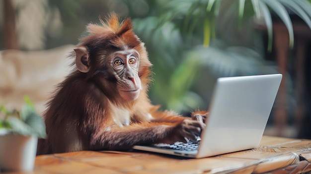 Um macaco está sentado em uma mesa e usando um laptop O macaco está usando uma expressão séria e está olhando para a tela