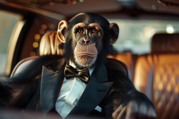 Foto um macaco está vestido com um smoking e uma gravata sentado no assento do motorista de um carro