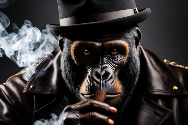 Um macaco fumando um charuto com um chapéu preto e uma jaqueta