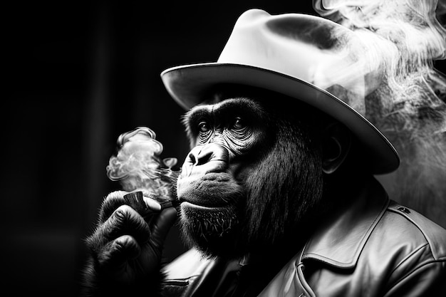 Foto um macaco fumando um cigarro em um chapéu