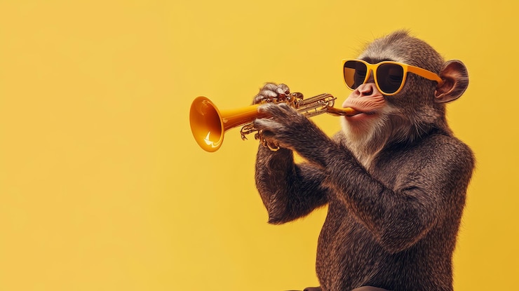 Foto um macaco legal usando óculos de sol toca uma trombeta com uma expressão séria em seu rosto.