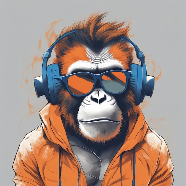 Um macaco musculoso usando fone de ouvido com design de camiseta laranja
