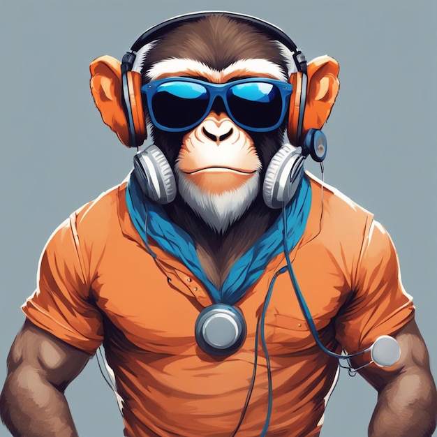 Um macaco musculoso usando fone de ouvido com design de camiseta laranja