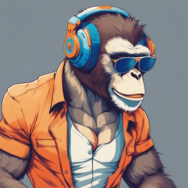 Um macaco musculoso usando fone de ouvido com design de camiseta laranja