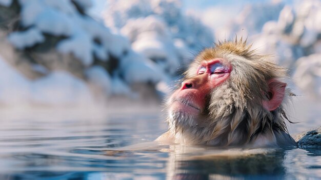 Um macaco nada numa piscina de água.