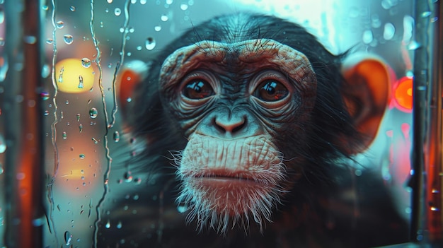 um macaco olhando por uma janela com gotas de chuva nele