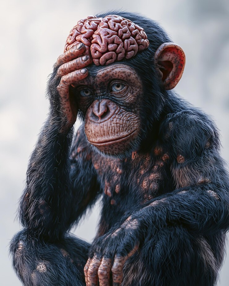 Foto um macaco pensativo com um cérebro exposto refletindo profundamente em pensamento simbolizando inteligência e consciência