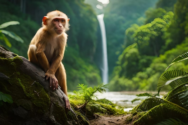 Um macaco senta em uma pedra em frente a uma cachoeira