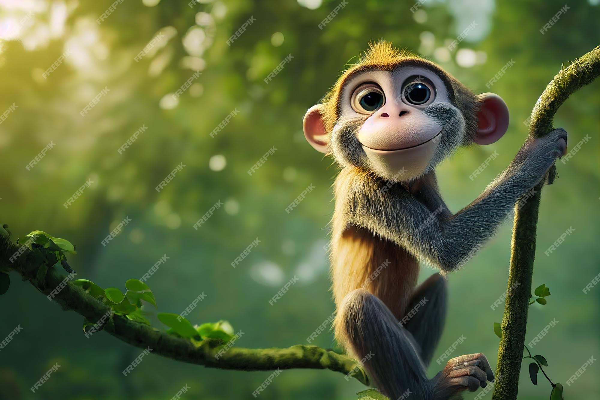 Macaco chimpanzé senta-se entre galhos de árvores com ilustração 3d de  folhagem verde