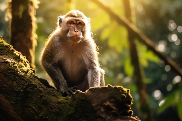 Um macaco senta-se em um tronco de árvore na floresta