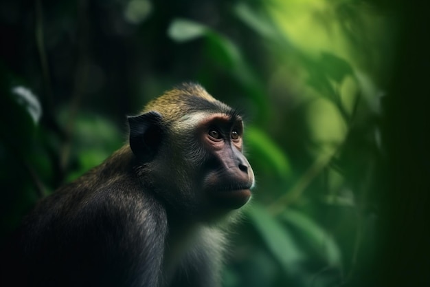 Um macaco senta-se em uma floresta verde e olha para longe.