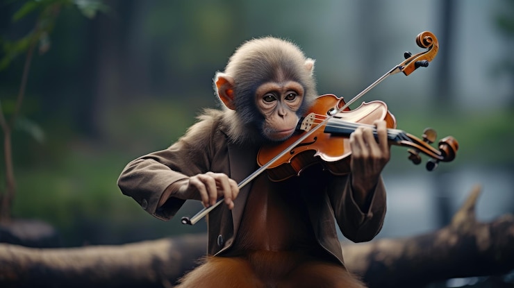 Foto um macaco tocando violino e cativando com sua música hyper real hd 4k