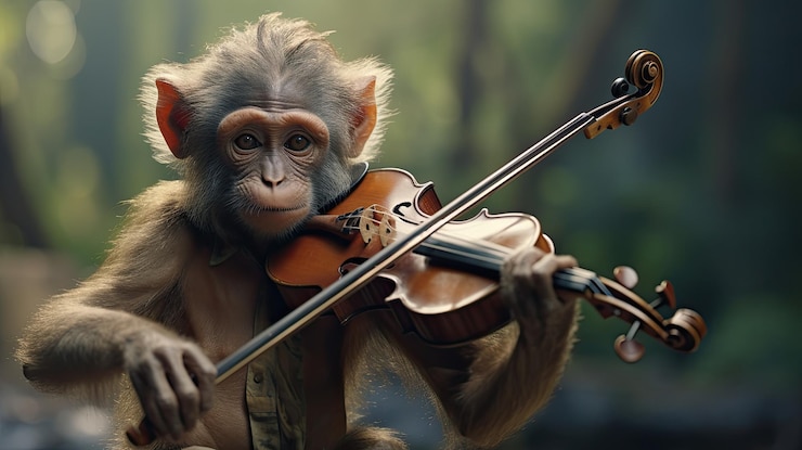 Foto um macaco tocando violino e cativando com sua música hyper real hd 4k