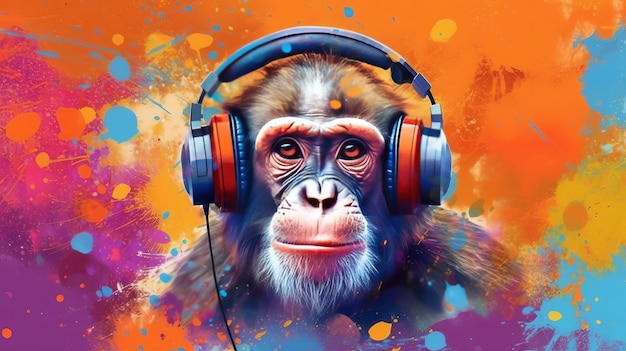 Um macaco usando fones de ouvido criados com a tecnologia Generative AI