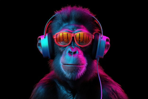 Um macaco usando fones de ouvido e óculos brilhantes generative AI