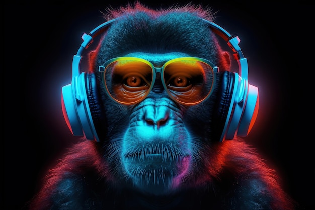 Um macaco usando fones de ouvido e óculos brilhantes generative AI