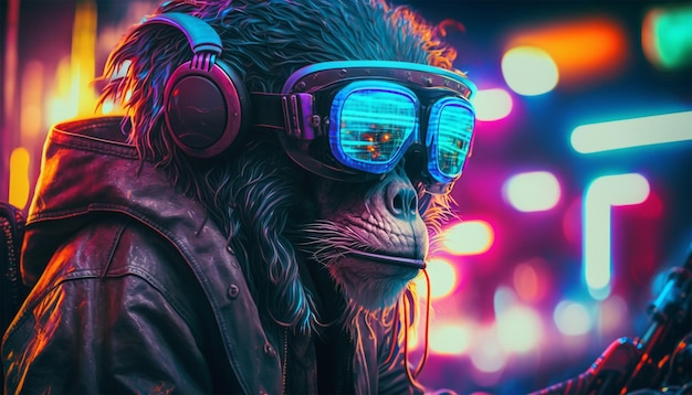 Um macaco usando fones de ouvido e vestindo uma jaqueta de couro com uma luz neon atrás dele.