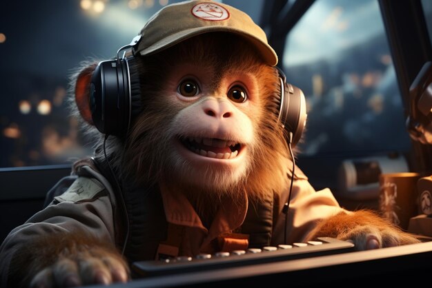 Um macaco usando fones de ouvido sentado na frente de um teclado